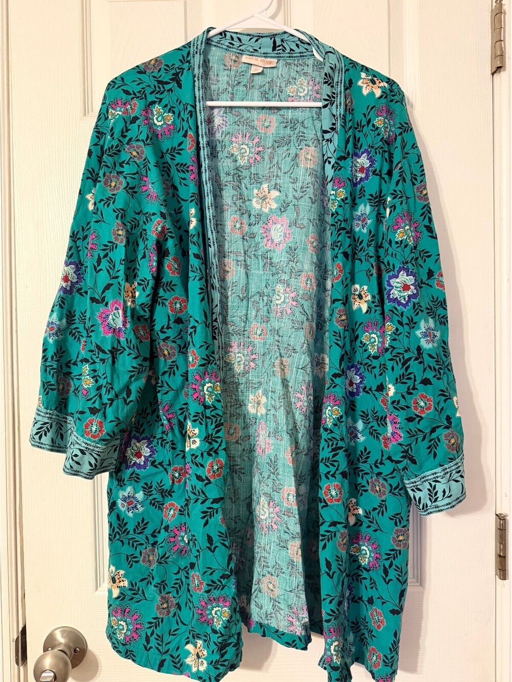 Knox Rose Teal Floral Kimono Jacket M/L Boho Open Front Cotton Duster Cover Up